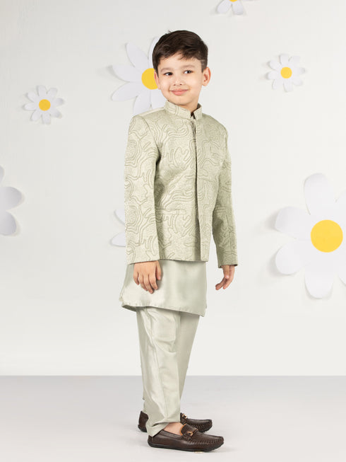 Boy's' Mint Green Jodhpuri, Kurta And Pyjama Set